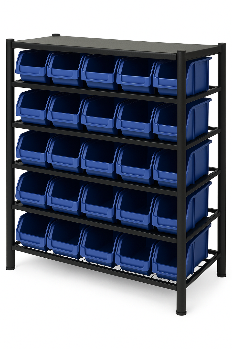 Professional Heavy Duty 5-Tier Bin Rack with 25 Plastic Storage Bins 1120mm W x 390mm D x 1010mm H