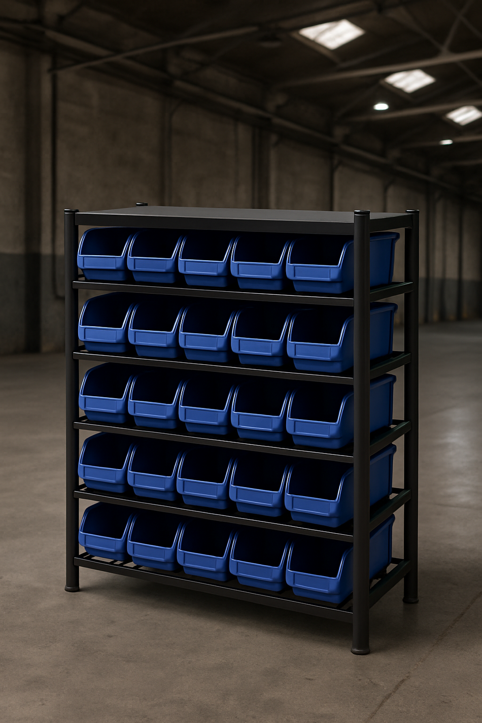 Professional Heavy Duty 5-Tier Bin Rack with 25 Plastic Storage Bins 1120mm W x 390mm D x 1010mm H
