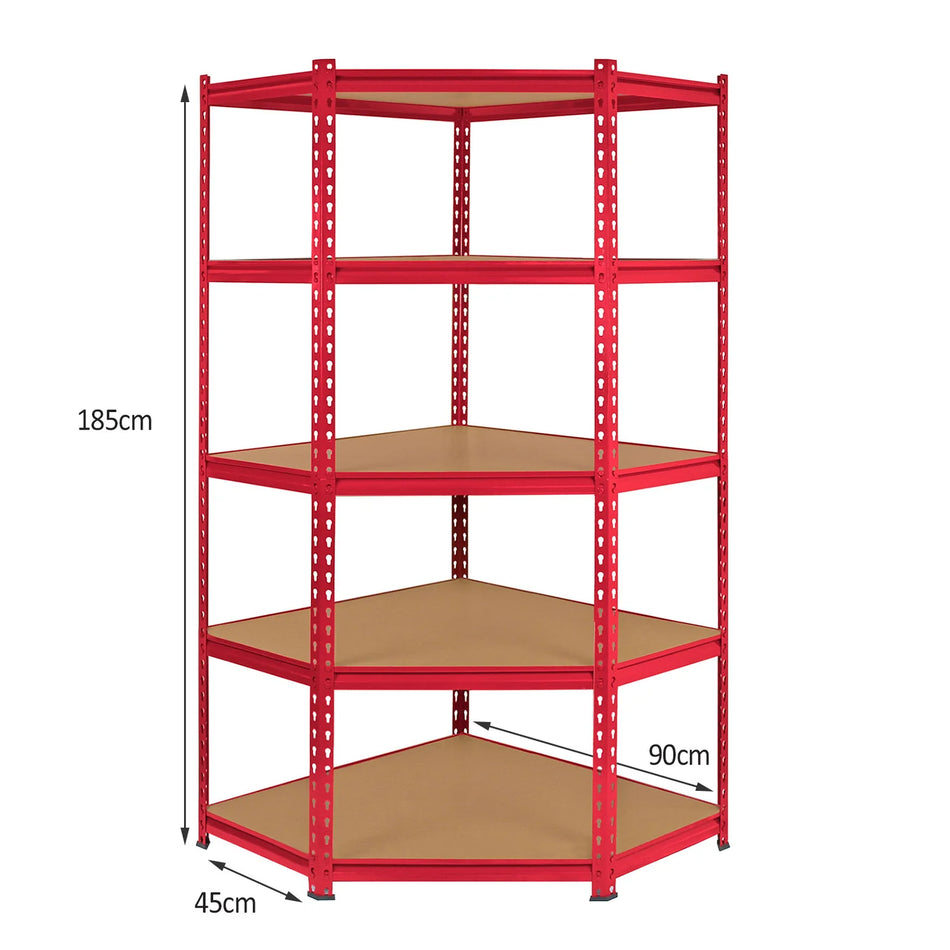 Corner 5 Tier Shelving Unit Boltless Heavy Duty Metal Shelving Shed Storage - Red