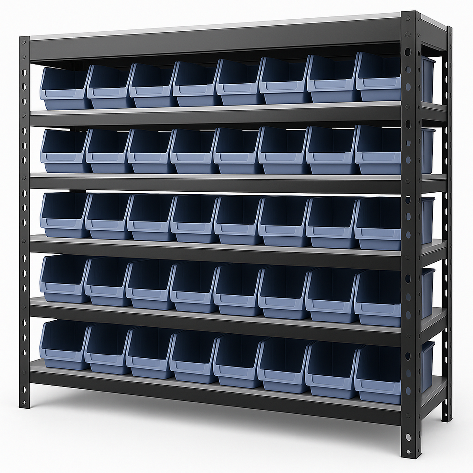 Commercial-Grade Heavy-Duty Boltless Shelving Unit with 6 Melamine Shelves and 35 Storage Bins – 900mm W x 300mm D x 915mm H