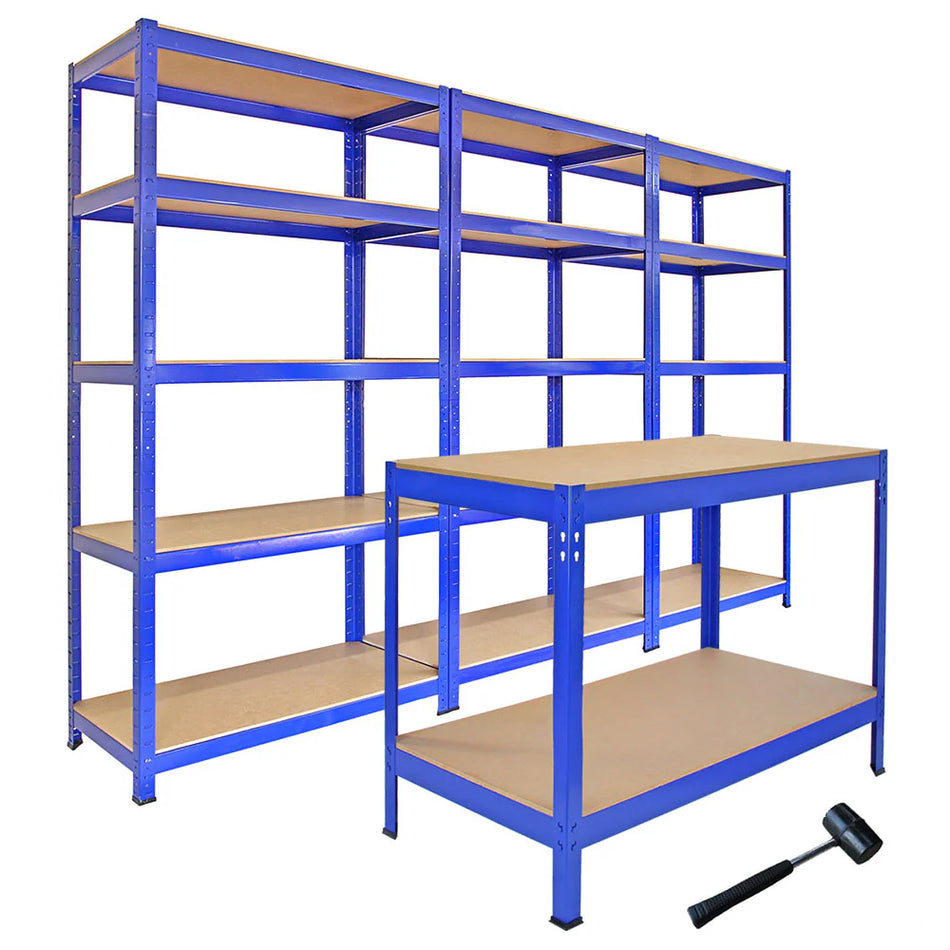 3 Shelving Units & Workbench Q-RaxWorks Blue Metal Shelving Units - 120cm x 180cm x 50cm
