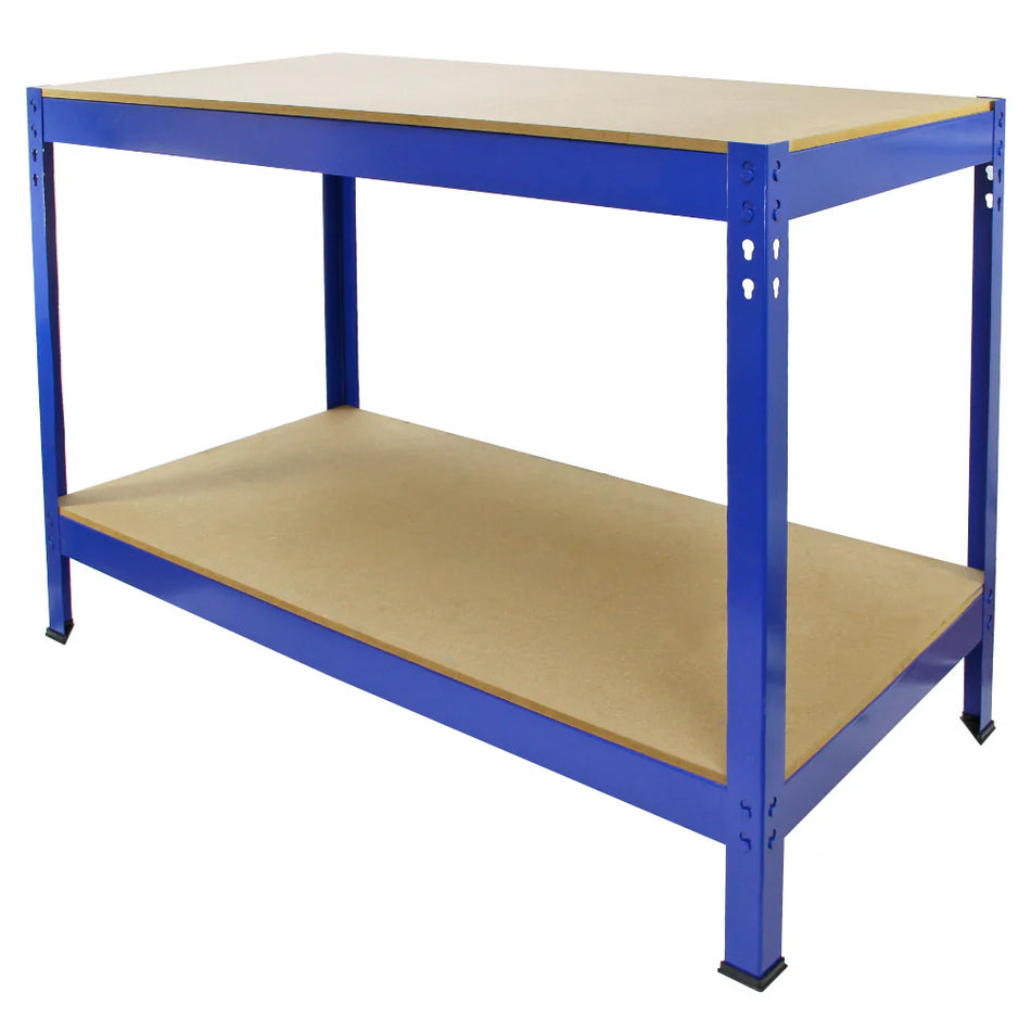 3 Shelving Units & Workbench Q-RaxWorks Blue Metal Shelving Units - 120cm x 180cm x 50cm